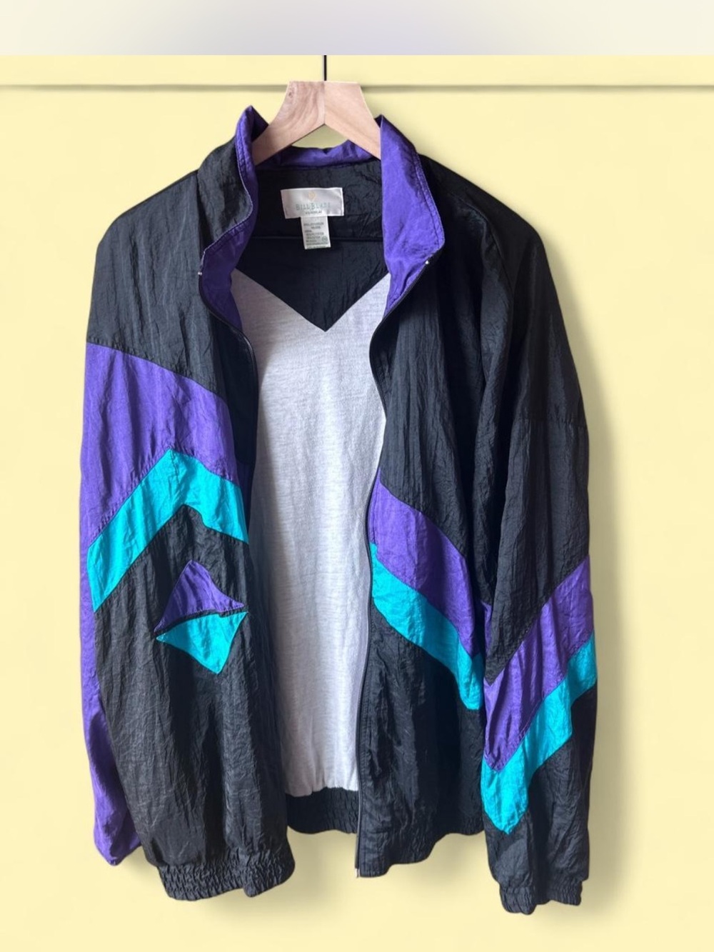 80s 90s Vintage Black Shell Jacket with Purple & Teal Accents